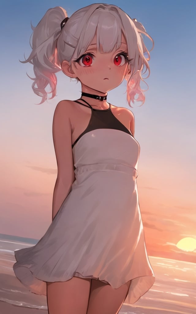 as109, teen girls, 1girl, (from above:1.3), bangs, bare shoulders, black choker, navel, choker, cleavage, cloud, white hair, twintails, long hair, dusk, earrings, evening, white panties, (t-shirt dress:1.6), gradient sky, leaning forward, medium breasts, midriff, beach, ocean horizon, the heave of the sea, blue sky, outdoors, red eyes, solo, sunset, twilight, <lora:lolicon_anime:0.8>