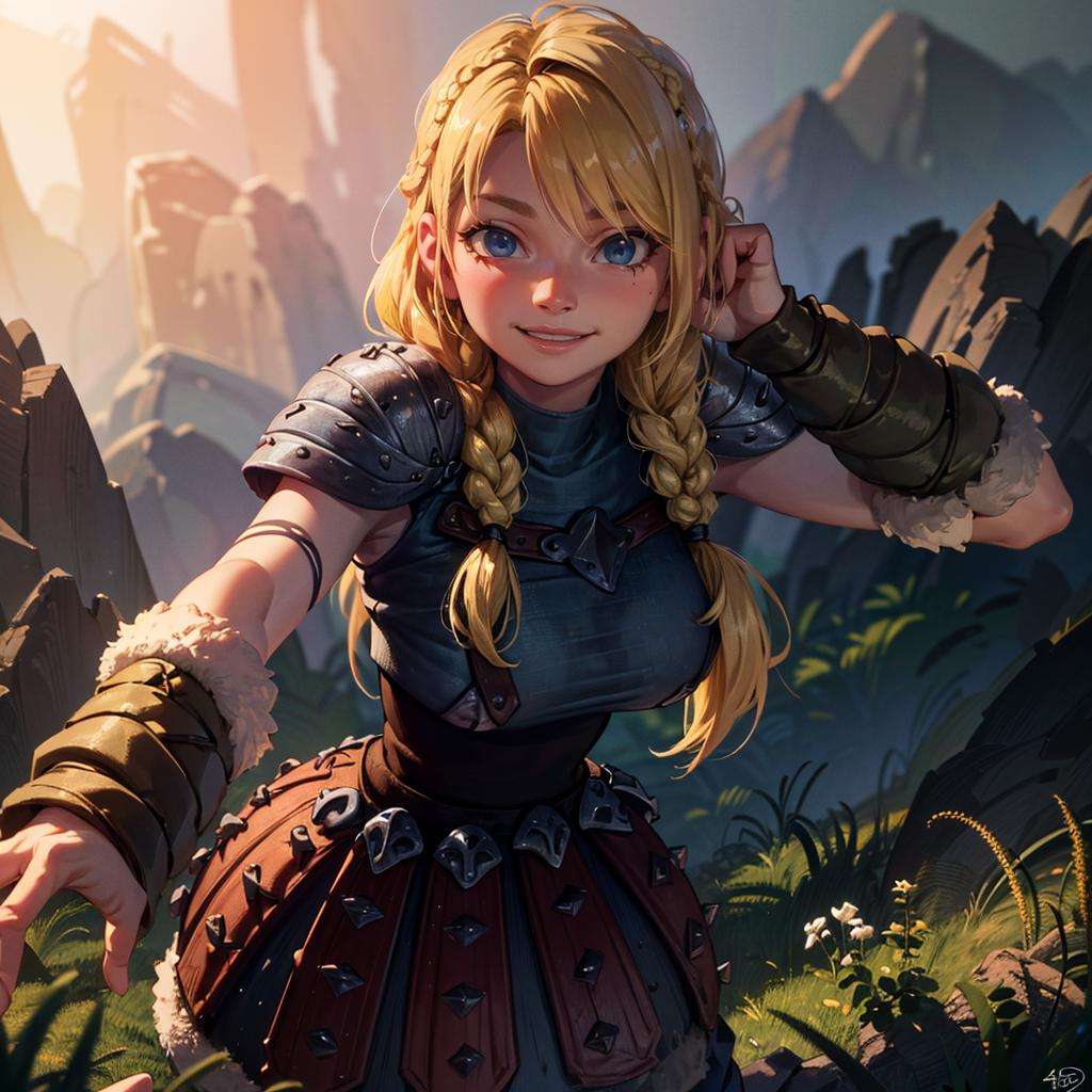 Astrid walking in a field of roses around mountains, (long hair, blonde, blue eyes, armor, braid:1.2), warm light, curvy, smile, :D, breast below, (dynamic_angle), (dynamic_pose:1.2), looking at viewer,(detailed landscape:1.2), (dynamic_perspective:1.2),(masterpiece:1.2), (best quality, highest quality), (ultra detailed), (8k, 4k, intricate), (full body:1), (highly detailed:1.2),(detailed face:1),(gradients),(ambient light:1.3),(cinematic composition:1.2),(HDR:1),Accent Lighting,extremely detailed CG unity 8k wallpaper,original, highres,(perfect_anatomy:1.2), <lora:Astrid_Character:1>
