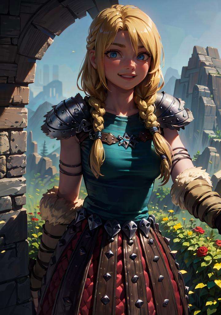 Astrid walking in a field of roses around mountains, (long hair, blonde, blue eyes, armor, braid:1.2), warm light, curvy, smile, :D, from below, (dynamic_angle), (dynamic_pose:1.2), (detailed landscape:1.2), (dynamic_perspective:1.2),(masterpiece:1.2), (best quality, highest quality), (ultra detailed), (8k, 4k, intricate), (cowboy shot:1), (highly detailed:1.2),(detailed face:1),(gradients),(ambient light:1.3),(cinematic composition:1),(HDR:1),(perfect_anatomy:1.2), <lora:Astrid_Character:1>