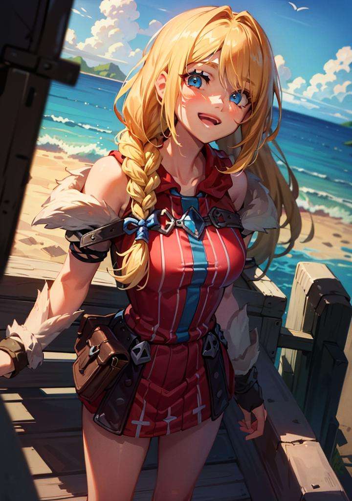 Beach, 1girl, astridWaifu, (long hair, blonde, blue eyes, braid:1.2), (pink dress, mini skirt, bare legs:1.2), warm light, curvy, smile, :D, from below, (dynamic_angle), (dynamic_pose:1.2), (detailed landscape:1.2), (dynamic_perspective:1.2),(masterpiece:1.2), (best quality, highest quality), (ultra detailed), (8k, 4k, intricate), (full body:1), (highly detailed:1.2),(detailed face:1), (ambient light:1),(cinematic composition),(HDR:1),(perfect_anatomy:1.2), <lora:Astrid_Character:0.7>