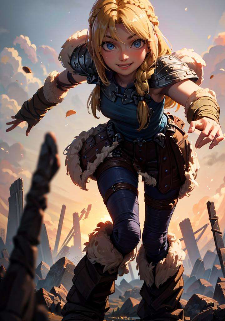 Astrid on a battlefield posing sexy, (long hair, blonde, blue eyes, armor, braid:1.2), warm light, curvy, smile, :D, from below, (dynamic_angle), (dynamic_pose:1.2), (detailed landscape:1.2), (dynamic_perspective:1.2),(masterpiece:1.2), (best quality, highest quality), (ultra detailed), (8k, 4k, intricate), (full body:1), (highly detailed:1.2),(detailed face:1), (ambient light:1),(cinematic composition),(HDR:1),(perfect_anatomy:1.2), <lora:Astrid_Character:1>