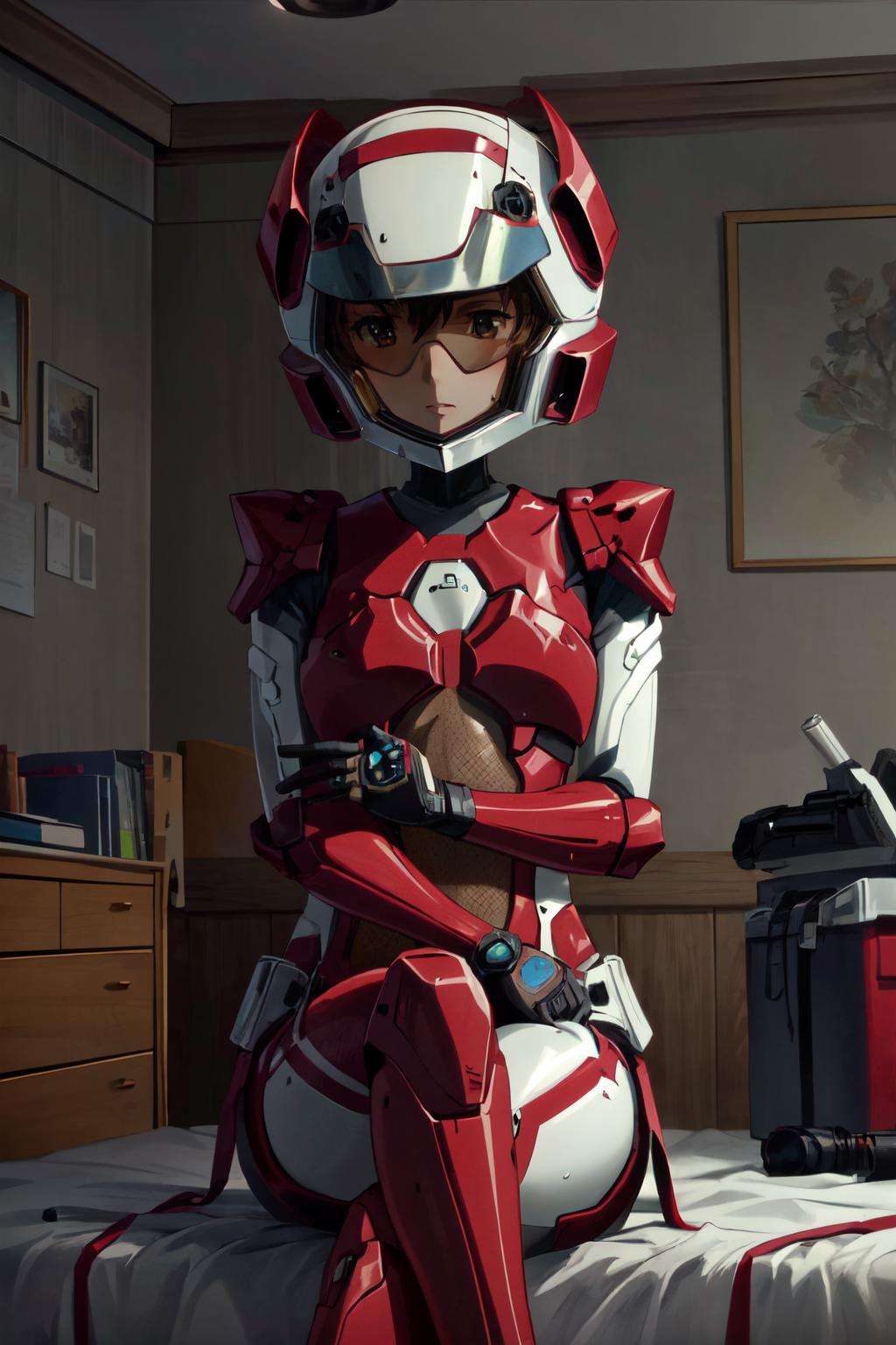 1girl, (masterpiece:1.3), (high resolution), (8K), (extremely detailed), (4k), (pixiv), perfect face,  (best quality), (super detailed), (solo), (textured skin:1.3), aico tachibana, helmet, bodysuit, mecha, pilot suit, room, sitting, crossed legs, <lora:aico_tachibana-09:0.8>, <lora:more_details:0.4> 