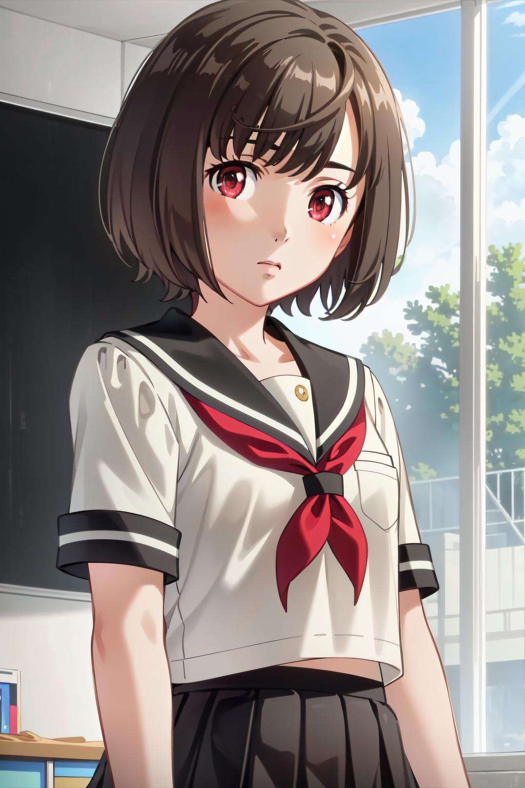 1girl, (masterpiece:1.3), (high resolution), (8K), (extremely detailed), (4k), (pixiv), perfect face,  (best quality), (super detailed), (solo), (textured skin:1.3), aico tachibana, black hair, short hair,red eyes, school uniform, serafuku, black skirt, pleated skirt, short sleeves, <lora:aico_tachibana-09:0.8>, classroom, looking at viewer, 