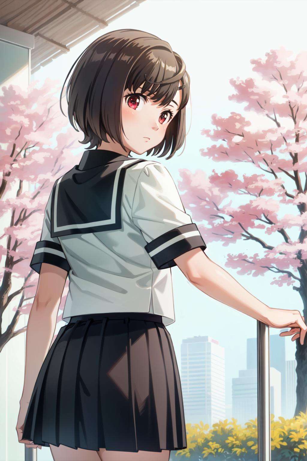 1girl, (masterpiece:1.3), (high resolution), (8K), (extremely detailed), (4k), (pixiv), perfect face,  (best quality), (super detailed), (solo), (textured skin:1.3), aico tachibana, black hair, short hair,red eyes, school uniform, serafuku, black skirt, pleated skirt, short sleeves, <lora:aico_tachibana-09:0.8>, cherry blossoms,  looking at viewer, cowboy shot, 