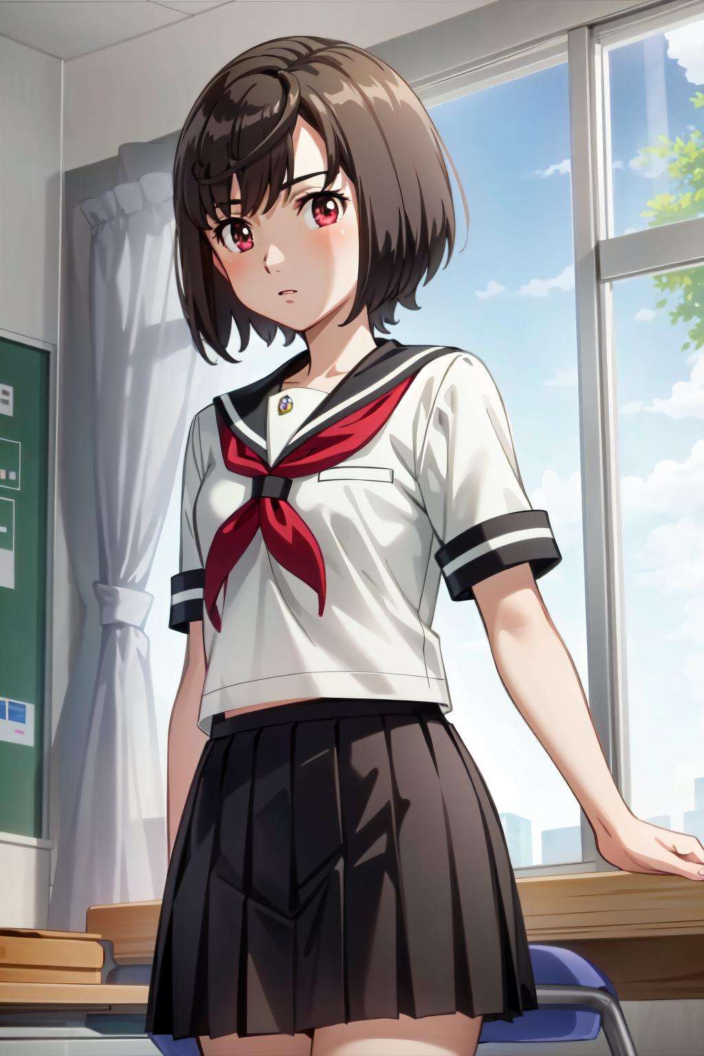 1girl, (masterpiece:1.3), (high resolution), (8K), (extremely detailed), (4k), (pixiv), perfect face,  (best quality), (super detailed), (solo), (textured skin:1.3), aico tachibana, black hair, short hair,red eyes, school uniform, serafuku, black skirt, pleated skirt, short sleeves, <lora:aico_tachibana-09:0.8>, classroom, cowboy shot, ooking at viewer, 