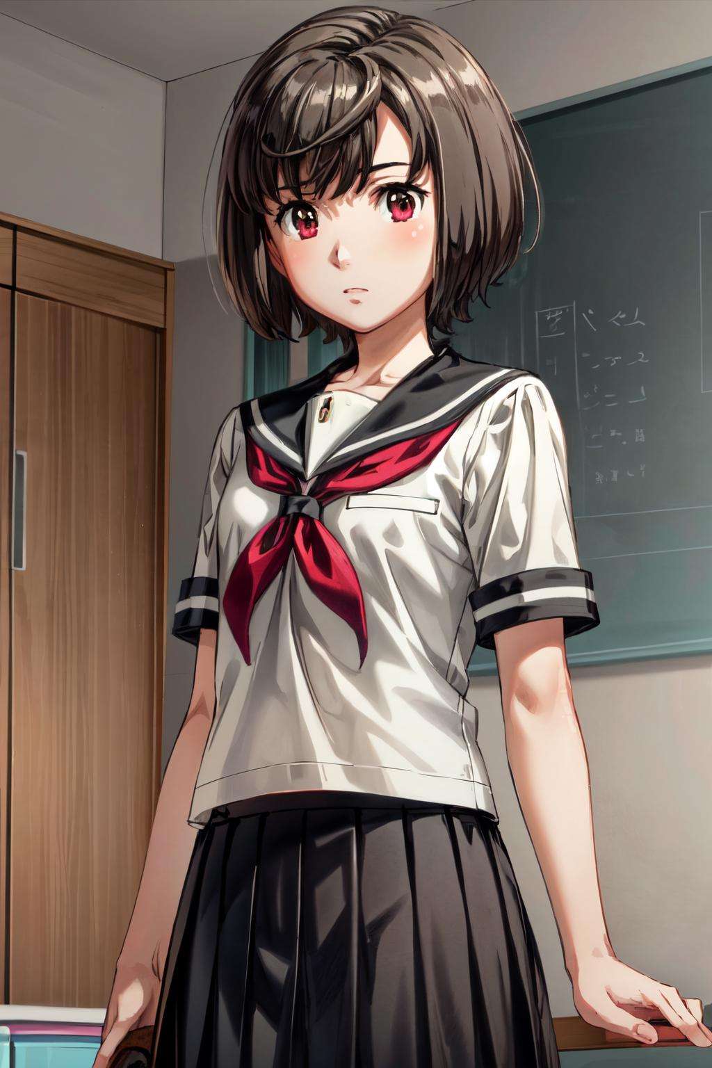 1girl, (masterpiece:1.3), (high resolution), (8K), (extremely detailed), (4k), (pixiv), perfect face, (best quality), (super detailed), (textured skin:1.3), <lora:aico_tachibana-09:0.8>, aico tachibana, black hair, short hair,red eyes, school uniform, serafuku, black skirt, pleated skirt, short sleeves, room, standing, <lora:more_details:0.6> 