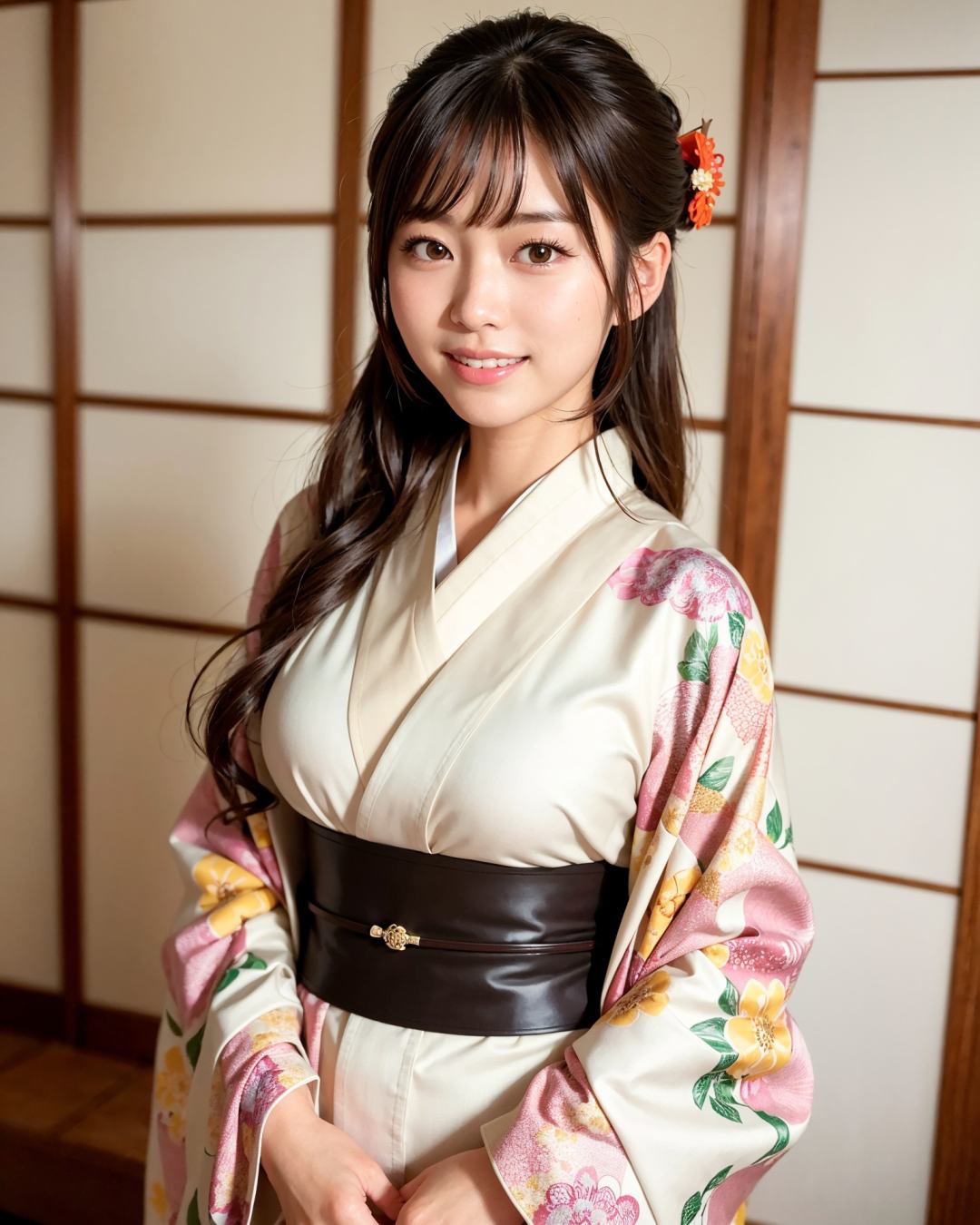 best quality, face focus, (depth of field) ,ultra high res, (photorealistic:1.4), RAW photo, Japanese-style room, alcove, hanging scroll(portrait:1.4)1japanese girl, solo, cute, smile, (brown eyes), natural face, (midi hair), (kimono:1.5)<lora:japaneseDollLikeness_v10:0.2> 