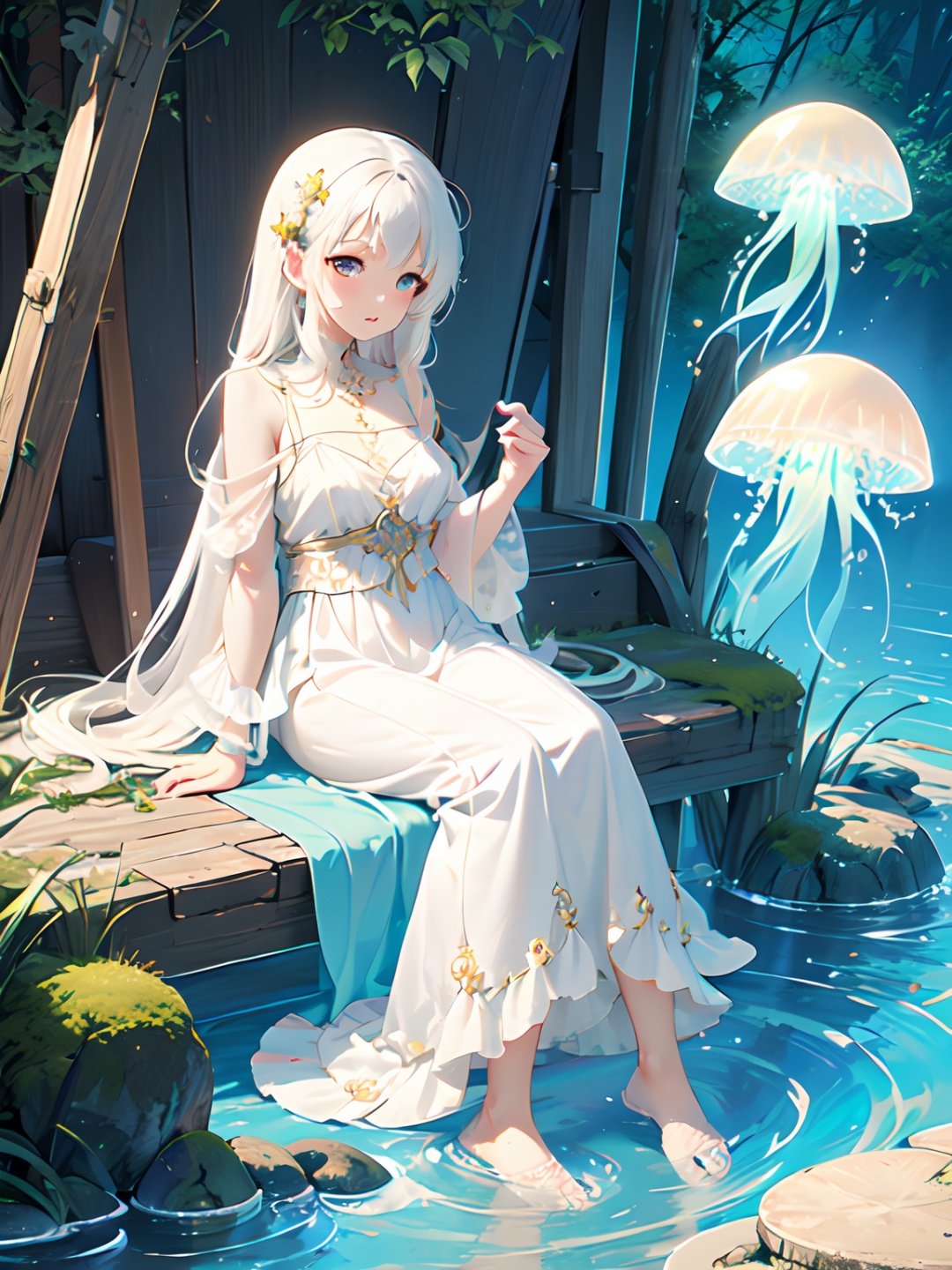 Masterpiece, anime,8k,best quality, minimalist, simple graphics
A girl with white hair, all over, sitting on a jellyfish, giant jellyfish,
White background, animal, fairy tale style, jellyfish forest,kawaiitech,1girl