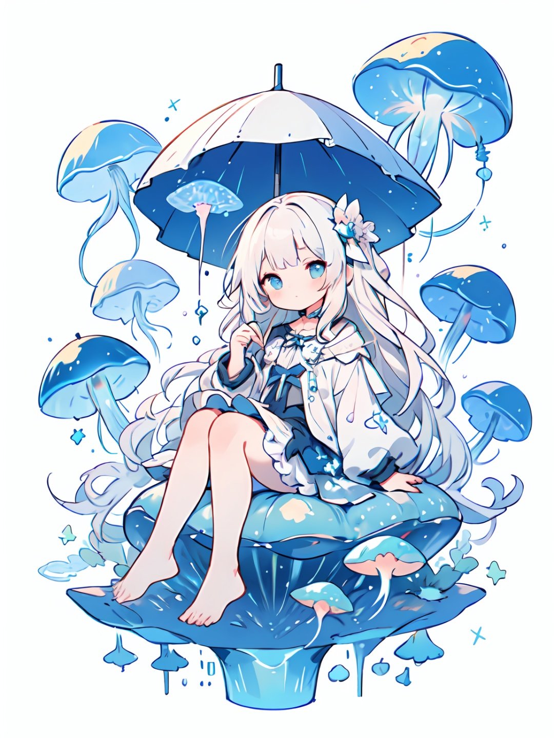 Masterpiece, anime,8k,best quality, minimalist, simple graphics
A girl with white hair, all over, sitting on a jellyfish, giant jellyfish,
White background, animal, fairy tale style, jellyfish forest,kawaiitech