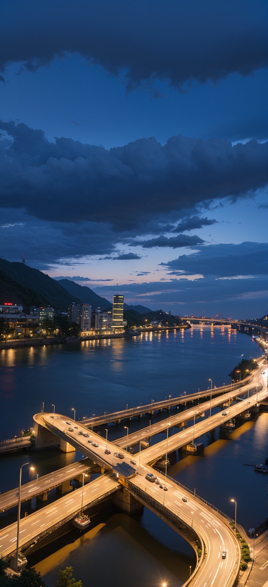 masterpiece,cleavage,beautiful lighting,whilt cloud,blue sky,sun,landscape,(many technology:1.5),(modern builings), beside the Yangtze River,night time,light from buildings,Depth of Field Effect,no people,Clouds,jzcg006,white and blue theme