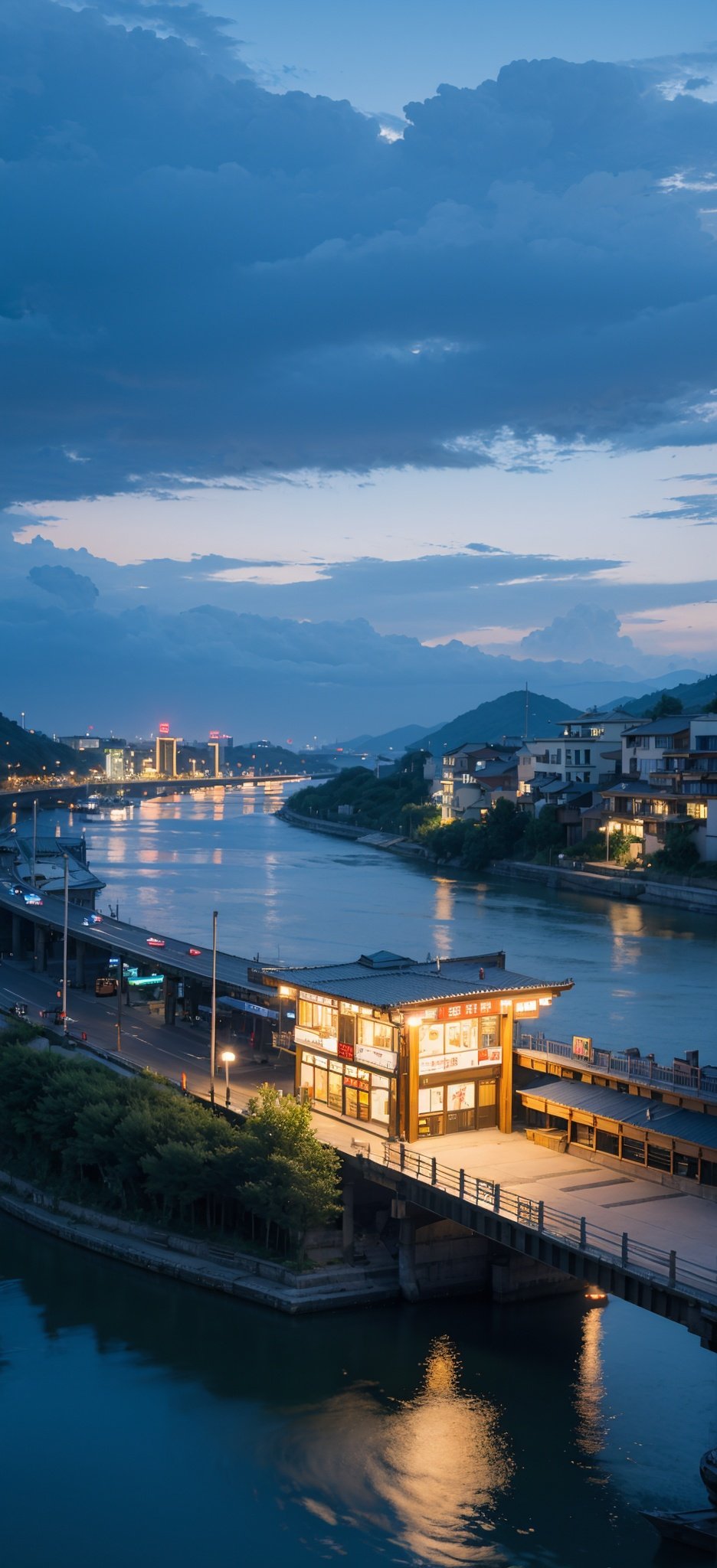 masterpiece,cleavage,beautiful lighting,whilt cloud,blue sky,sun,landscape,(many technology:1.5),(modern builings), beside the Yangtze River,night time,light from buildings,Depth of Field Effect,no people,Clouds,jzcg006,white and blue theme