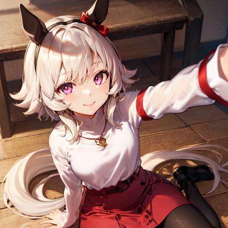 masterpiece, best quality,curren chan \(umamusume\), smile, selfie, from above, sitting,jewelry, white shirt, white long sleeves, necklace, red skirt, sleeves past wrists, black pantyhose,<lora:curren_chan_lora:0.7>
