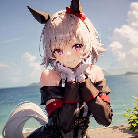 masterpiece, best quality,curren chan \(umamusume\), smile, sitting,vertical-striped dress, bare shoulders, off shoulder, closed mouth, long sleeves, collared dress, gloves, own hands together, hands on chin,upper body,<lora:curren_chan_lora:0.7>