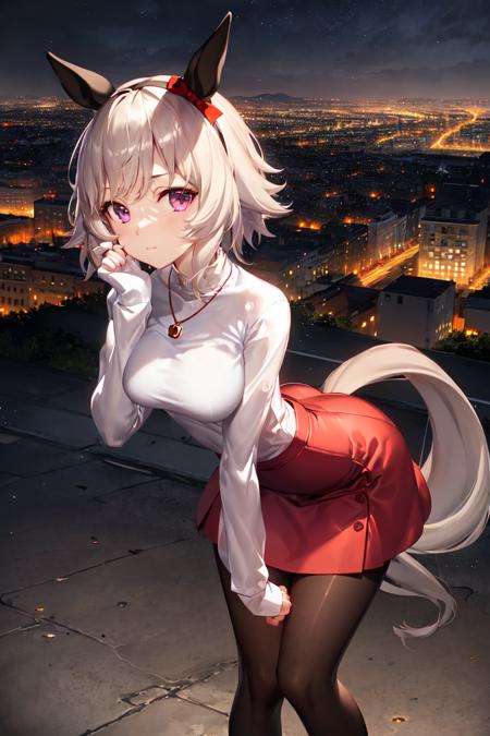 masterpiece, best quality,curren chan \(umamusume\), closed mouth, looking at viewer, hands on chin,jewelry, white shirt, white long sleeves, necklace, red skirt, sleeves past wrists, black pantyhose,full body, night, cityscape, neon, buildings, leaning forward,<lora:curren_chan_lora:0.7>