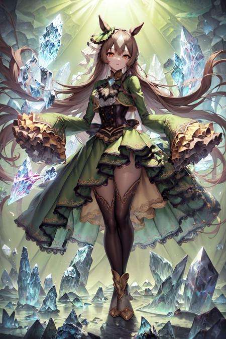 masterpiece, best quality,satono diamond \(umamusume\),full body, standing, looking at viewer, (crystal field:1.2), floating crystal,sleeves past wrists, sleeves past fingers, frilled sleeves, frills, long sleeves, corset, green dress, ascot, green jacket, green skirt, black thighhighs, boots, white footwear,<lora:satono_diamond_lora:0.8>