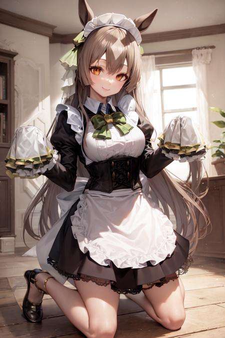 masterpiece, best quality,satono diamond \(umamusume\),kneeling, full body,sleeves past wrists, long sleeves, black footwear, smile, frills, apron, sleeves past fingers, shoes, green bowtie, black dress, standing, maid headdress, closed mouth, puffy sleeves, corset, alternate costume, skirt<lora:satono_diamond_lora:0.8>