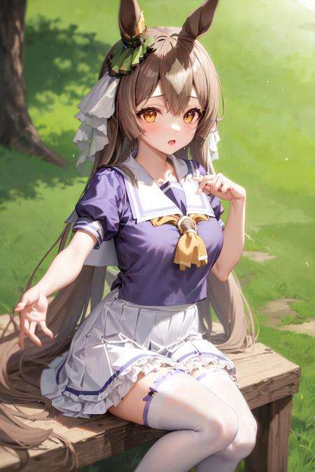 masterpiece, best quality,satono diamond \(umamusume\),tracen school uniform, purple shirt, pleated skirt, puffy short sleeves, white skirt, puffy sleeves, summer uniform, frilled skirt, sailor collar, sailor shirt, miniskirt, frills, white thighhighs, <lora:satono_diamond_lora:0.8>