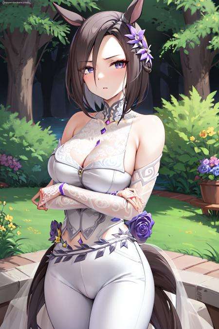 masterpiece, best quality, air groove \(umamusume\), purple flower, wedding dress, white pants, cleavage, bare shoulders, purple rose, crossed arms, official alternate costume, parted lips, collarbone, shirt, parted bangs, hair flower, see-through,cowboy shot, <lora:air_groove_lora:0.7>