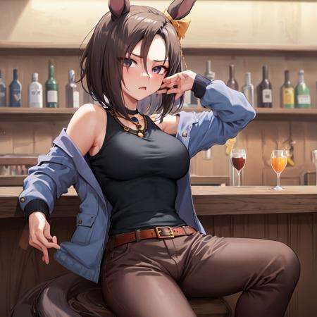 masterpiece, best quality, air groove \(umamusume\), blue jacket, black shirt, brown pants, neckless, brown belt,sitting, drunken, bar,<lora:air_groove_lora:0.7>