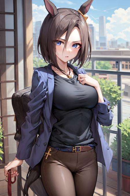 masterpiece, best quality, air groove \(umamusume\), blue jacket, black shirt, brown pants, neckless, brown belt,cowboy shot, <lora:air_groove_lora:0.7>