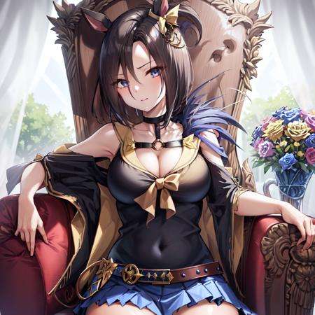 masterpiece, best quality, air groove \(umamusume\), blue skirt, choker, clothing cutout, cowboy shot, cleavage, black shirt, shoulder cutout, o-ring, belt, wide sleeves, pleated skirt, sitting, throne with flowers, flowers backgroud,upper body, <lora:air_groove_lora:0.7>