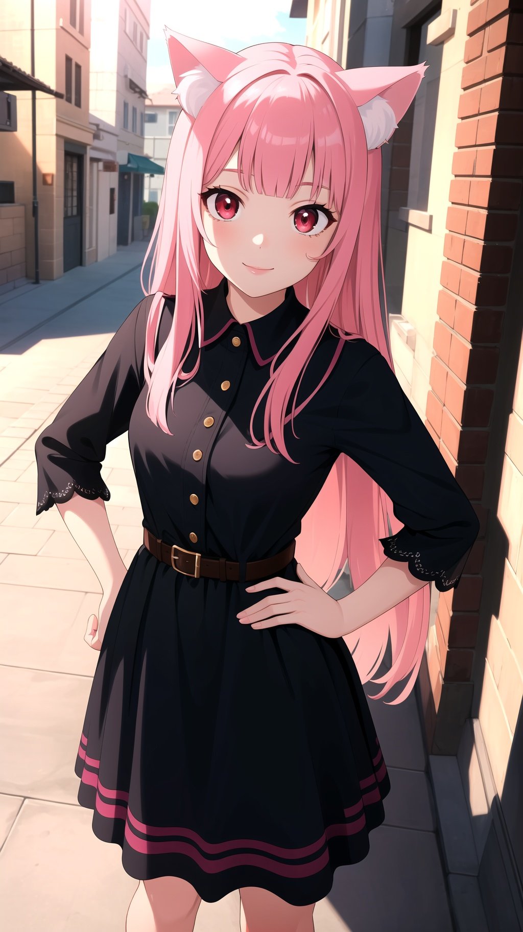 (best quality:1.1), (masterpiece:1.2), high quality shadow, beautiful detailed, beautiful face, detailed eyes, depth of field, highres, best shadow, best illumination,  1girl, looking at viewer, pink hair, long hair, blunt bangs, red eyes, light smile, cat ears, dress, hand on hip, outdoors,