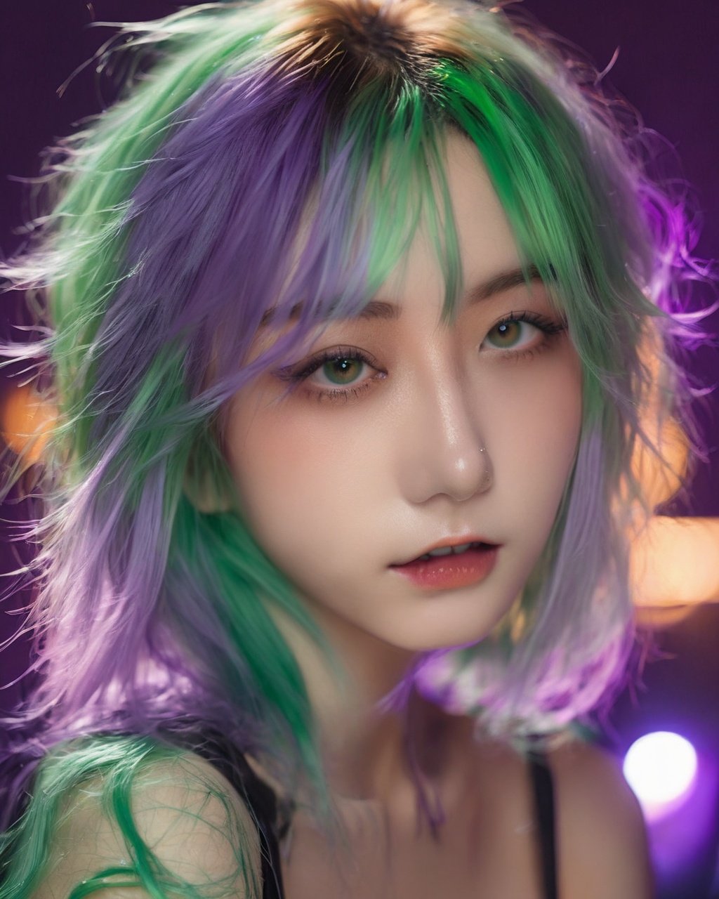 (masterpiece,best quality, ultra realistic,32k,RAW photo,detail skin, 8k uhd, dslr,high quality, film grain:1.5), long hair, light green hair hair:1.1,portrait,lady, brown eyes, Peach Emo clothing, freckles, (electric purple gradient background,led light, edge light, simple background)