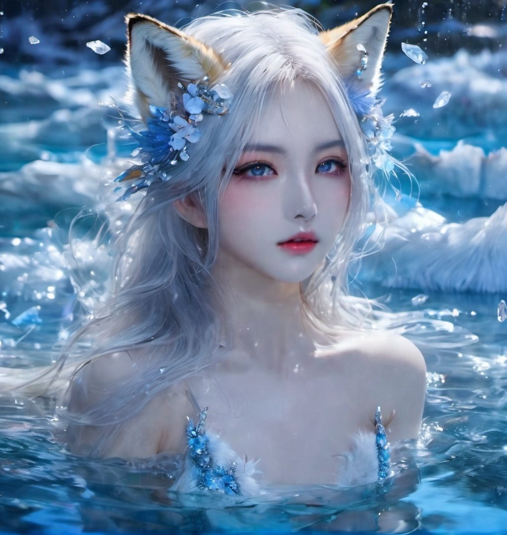 (full body),masterpiece, best quality, official art, extremely detailed cg 8k wallpaper, (flying petals) ,(detailed ice) , crystals texture skin, cold expression, ((fox ears)), white hair, long hair, messy hair, blue eye, looking at viewer, extremely delicate and beautiful, water, ((beauty detailed eye)), highly detailed, cinematic lighting, ((beautiful face), fine water surface, (original figure painting), ultra- detailed, incredibly detailed, (an extremely delicate and beautiful), beautiful detailed eyes, (best quality)