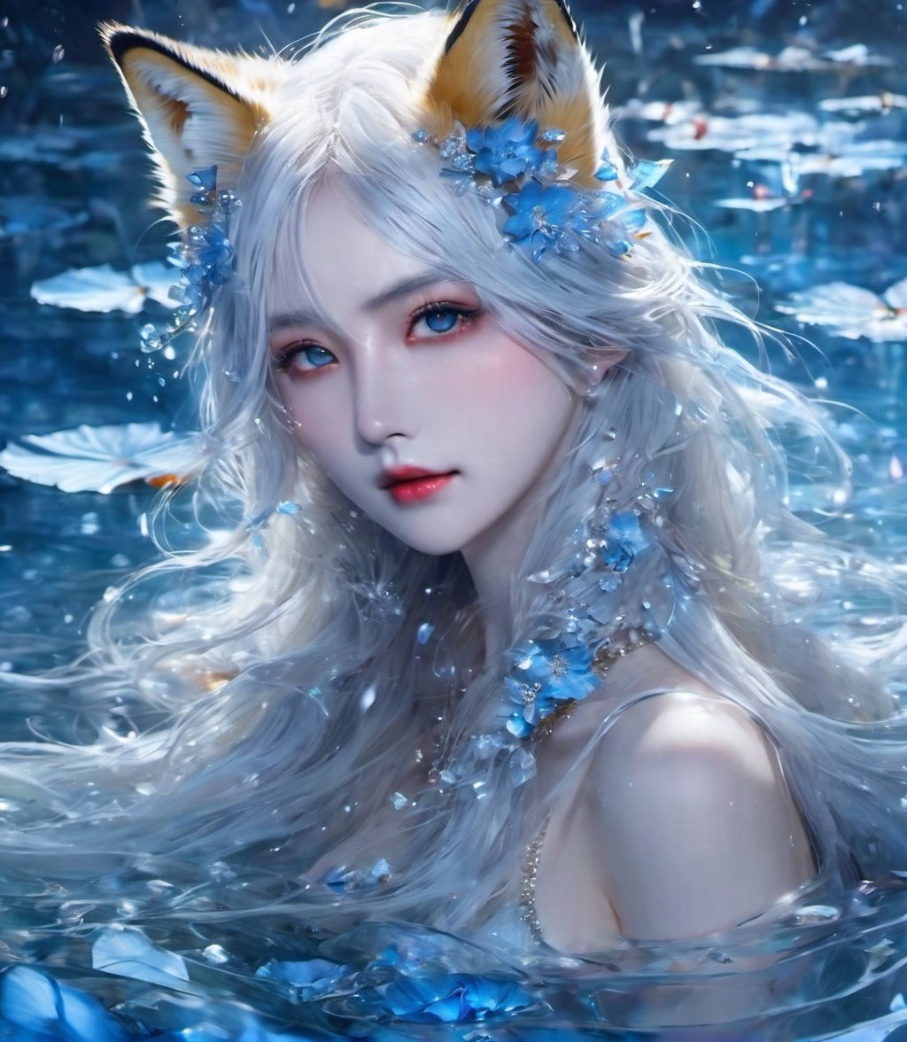 (full body),masterpiece, best quality, official art, extremely detailed cg 8k wallpaper, (flying petals) ,(detailed ice) , crystals texture skin, cold expression, ((fox ears)), white hair, long hair, messy hair, blue eye, looking at viewer, extremely delicate and beautiful, water, ((beauty detailed eye)), highly detailed, cinematic lighting, ((beautiful face), fine water surface, (original figure painting), ultra- detailed, incredibly detailed, (an extremely delicate and beautiful), beautiful detailed eyes, (best quality)