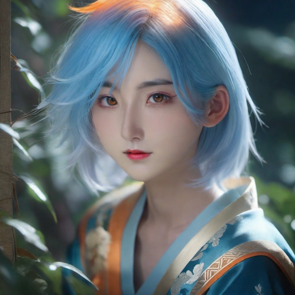 (masterpiece, best quality, ultra-detailed, highres, best illustration),perfect face, ((solo, solo focus)),sidelighting,, epic, illustration, render, volumetric lighting, welcoming, see-through gossamer, in Japan,lustrous skin,(bloom), (shine), ray tracing,masterpiece, best quality, 1boy, male focus, solo, blue hair, multicolored hair, rabbit ears, two-tone hair, mole, white hair, chinese clothes, upper body, brown eyes, orange eyes, hand on own chin, looking at viewer,depth_of_field,very detailed background,extreme light and shadow,(detailed eyes), (beautiful) beautiful detailed eyes, perfect lighting , perfect anatomy,(extremely detailed illustrated 8k wallpaper),(masterpiece), (best quality), (ultra-detailed), (best illustration),(best shadow), (fantasy:1.4) , vivid colors,