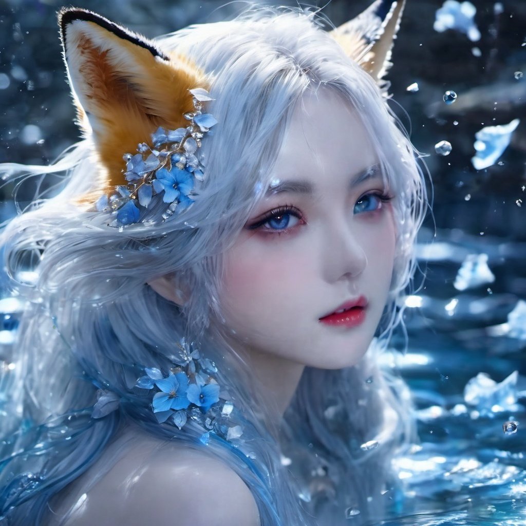 (full body),masterpiece, best quality, official art, extremely detailed cg 8k wallpaper, (flying petals) ,(detailed ice) , crystals texture skin, cold expression, ((fox ears)), white hair, long hair, messy hair, blue eye, looking at viewer, extremely delicate and beautiful, water, ((beauty detailed eye)), highly detailed, cinematic lighting, ((beautiful face), fine water surface, (original figure painting), ultra- detailed, incredibly detailed, (an extremely delicate and beautiful), beautiful detailed eyes, (best quality)