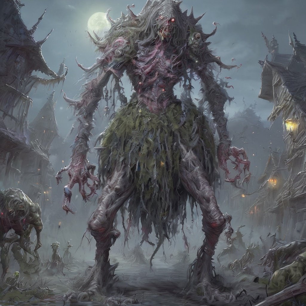 gloomy,zombie,monster,bloomy,village,best quality,highly detailed,masterpiece,extremely detailed,Amazing,finely detail,official art,  <lora:gloomyXL:1>