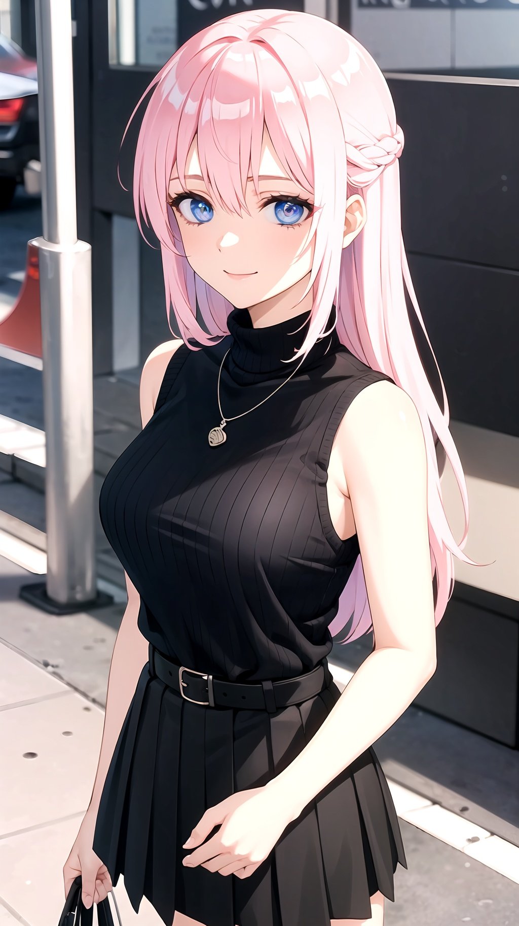 (best quality:1.1), (masterpiece:1.2), high quality shadow, beautiful detailed, (high detailed skin, skin details), (wide landscape, 8k), beautiful face, detailed eyes, depth of field, dramatic light, best quality, highres, best shadow, best illumination, shikimorisan, 1girl, pink hair, long hair, blue eyes, hair between eyes, bangs, breasts, smile, sweater, turtleneck sweater, sleeveless, necklace, skirt, pleated skirt, black skirt, black belt, outdoors, tokyo, street,  <lora:shikimorisanv3:0.7>