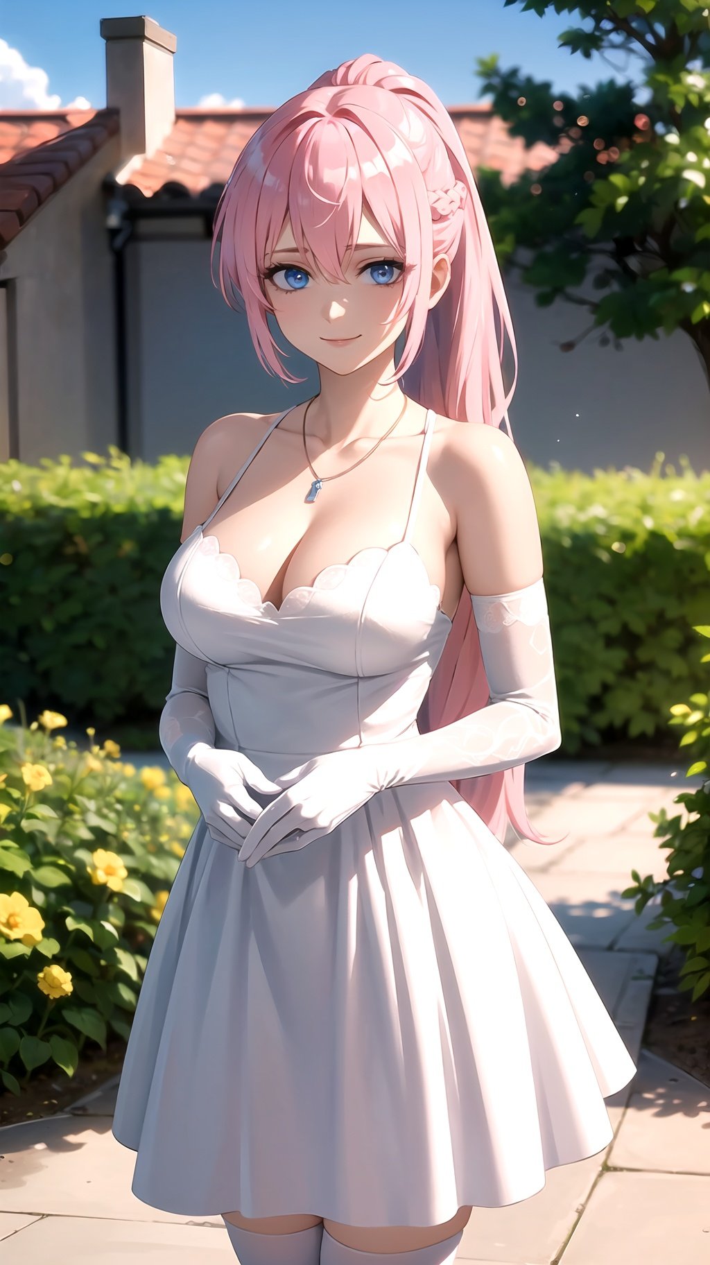 (best quality:1.1), (masterpiece:1.2), high quality shadow, beautiful detailed, (high detailed skin, skin details), (wide_landscape, 8k), beautiful face, detailed eyes, depth of field, dramatic light, best quality, highres, best shadow, best illumination, shikimorisan, 1girl, pink hair, ponytail, long hair, blue eyes, braid, hair between eyes, bangs, plunging neckline, breasts, collarbone, cowboy shot, looking at viewer, wedding princess dress, garden, smile, jewelry, white thighhighs, hair ornament, necklace, collarbone, bare shoulders, bridal gauntlets, gloves, cleavage, elbow gloves, thighs, full body, outdoors,  <lora:shikimorisanv3:0.7>