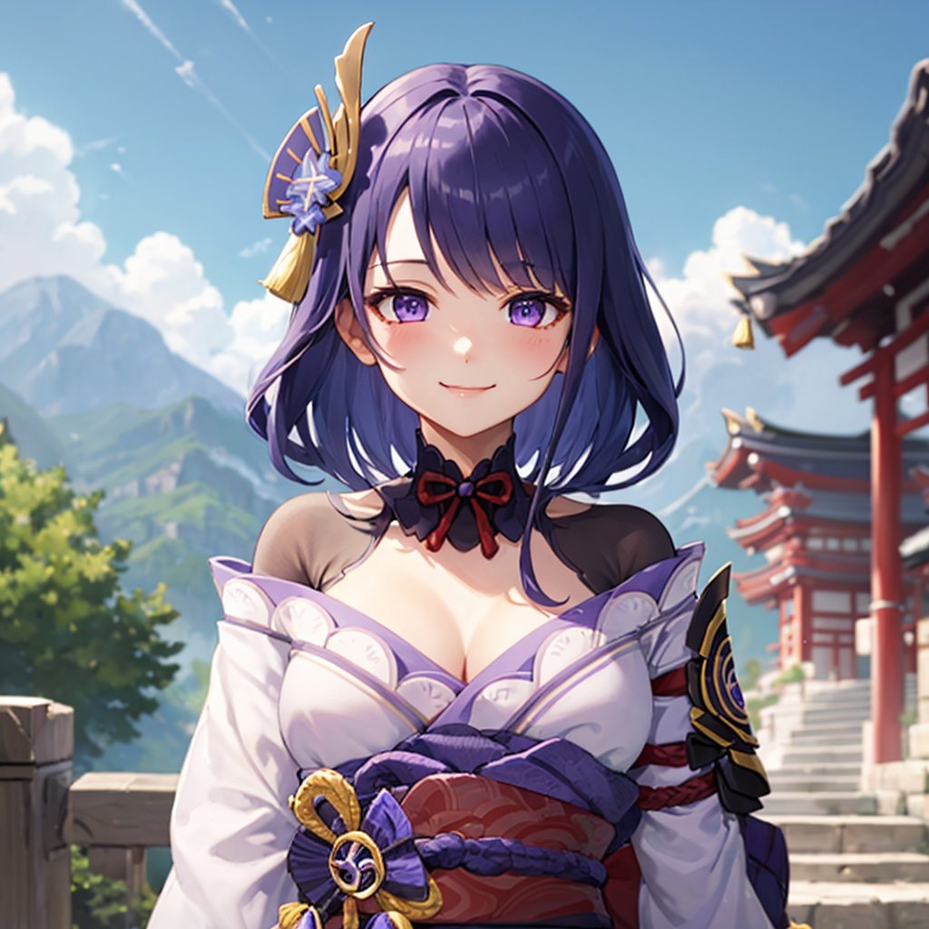 <lora:raidenshogun1-000009:1>, raidenshogundef, upper body, smile, blush, outdoors, day, simple background, blue sky, short hair, sky, temple, looking at viewer, stairs, mountain, moody lighting, facing viewer