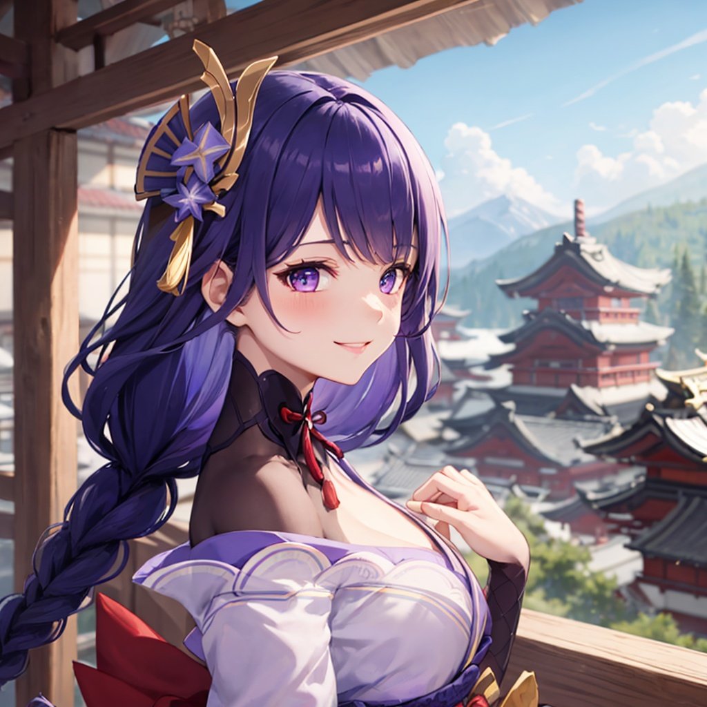 <lora:raidenshogun1-000009:1>, raidenshogundef, upper body, smile, blush, outdoors, day, simple background, blue sky, short hair, sky, temple, looking at viewer, stairs, mountain, moody lighting, facing viewer