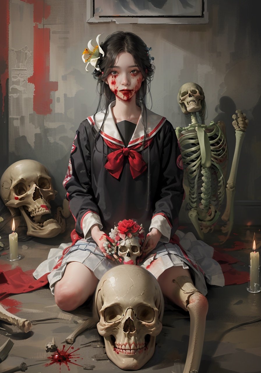 masterpiece,(masterpiece, top quality, best quality,1girl, long hair, black hair, flower, candle, blood, hair flower, solo, hair ornament, bone, weapon, sitting, sword, doll, guro, skull, skeleton, school uniform, horror (theme)