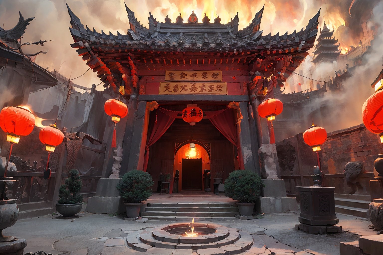 (masterpiece, top quality),high quality),red theme, scenery, architecture, fire, candle, east asian architecture, lantern, horror (theme)