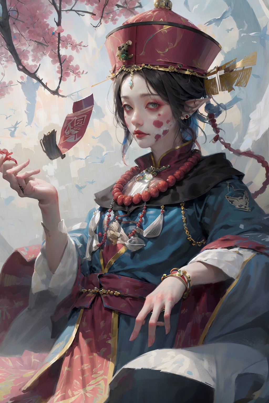 (masterpiece, top quality),high quality),red eyes, solo, black hair, pointy ears, hat, jewelry, earrings, pale skin, flower, male focus, 1boy, ofuda, jiangshi, qing guanmao, necklace, beads, colored skin, horror (theme)