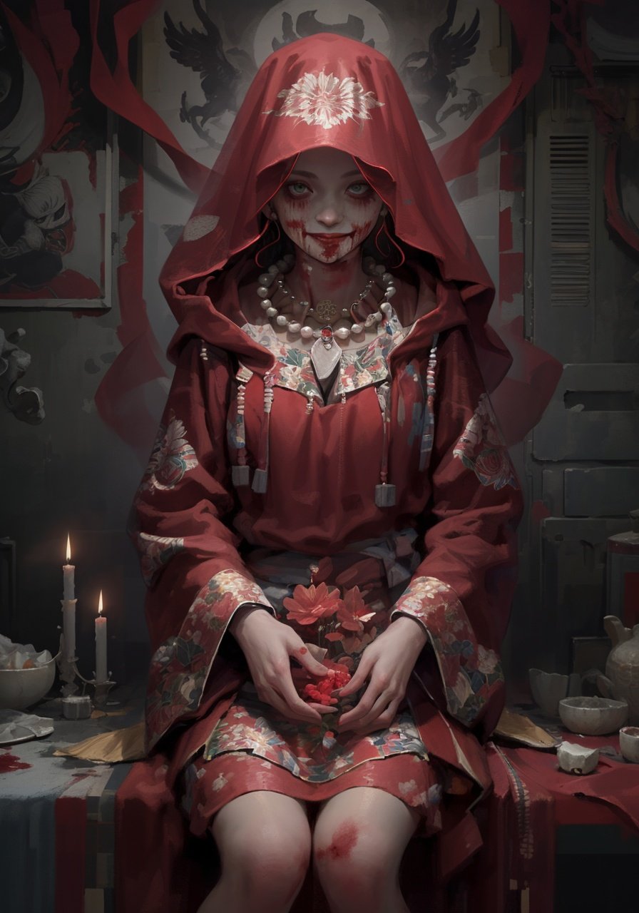 (masterpiece, top quality, best quality),horror (theme),solo,sitting,beads,veil,holding,jewelry,looking at viewer,necklace,candle,1girl,indoors,long sleeves,blood,floral print,hood up,smile,dark,dress,horror (theme),