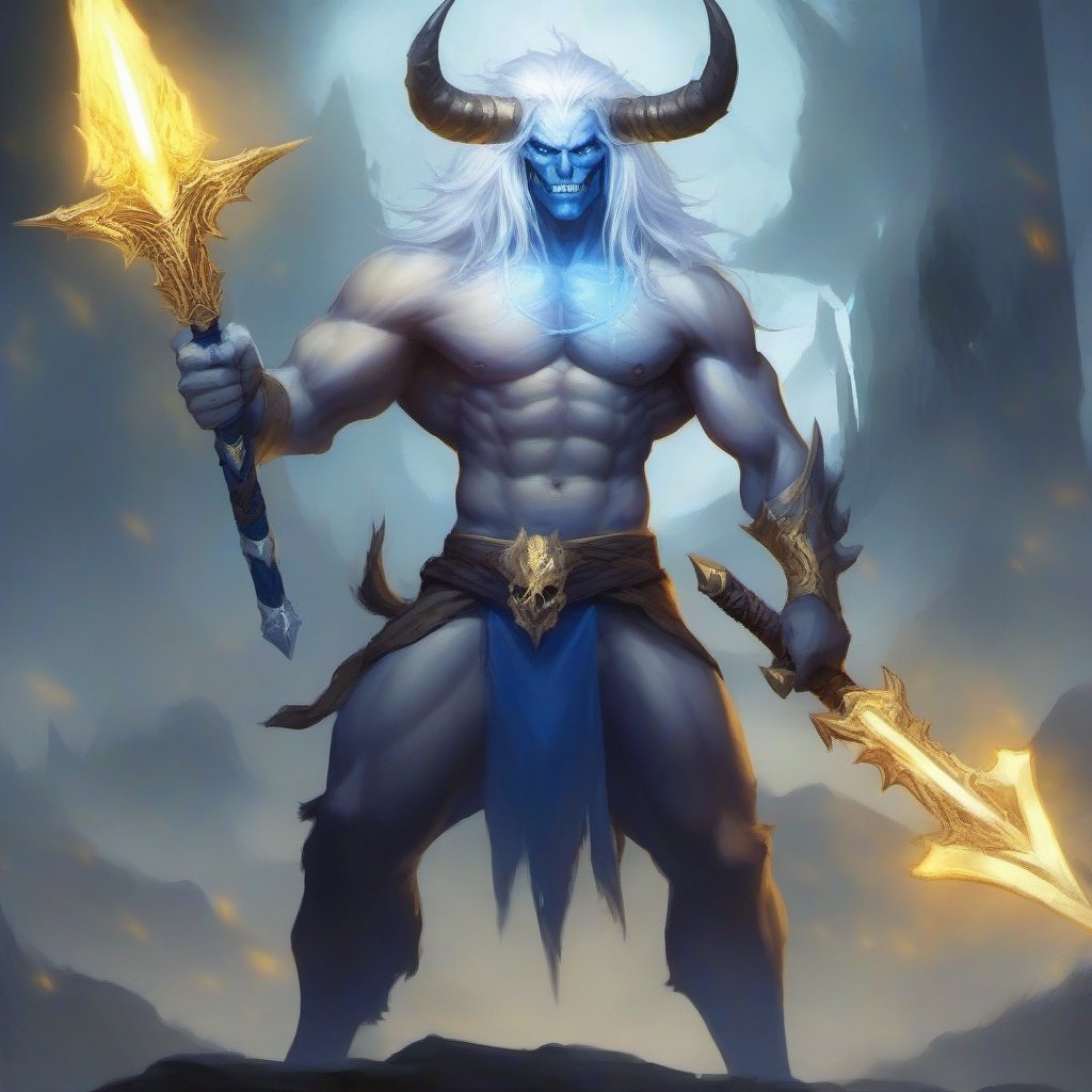 sword, weapon, male focus, holding sword, holding, holding weapon, horns, solo, colored skin, monster, loincloth, sharp teeth, standing, skull, muscular, teeth, blue skin, sharp fingernails, glowing, yellow eyes, full body,  pointy ears, claws, glowing eyes, demon, white hair, fingernails, outdoors