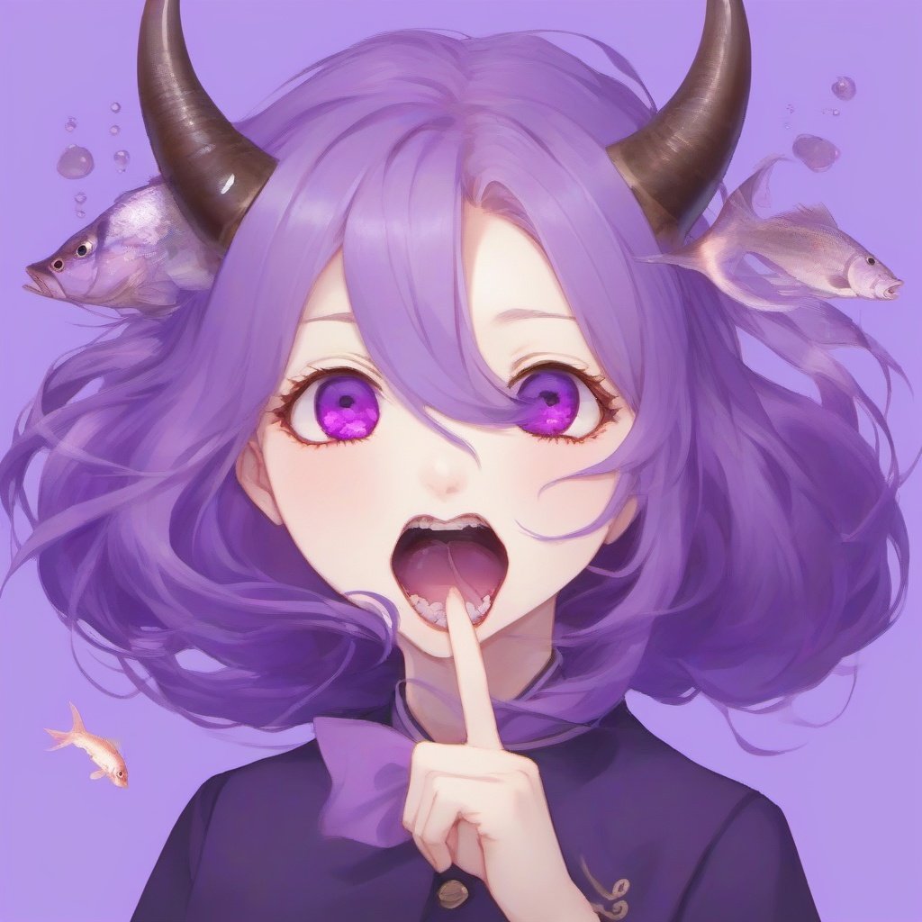  no humans, flower, simple background, purple background, solo, open mouth, waves, fangs, horns, water, teeth, fish, fine art parody, tusks, sharp teeth, signature