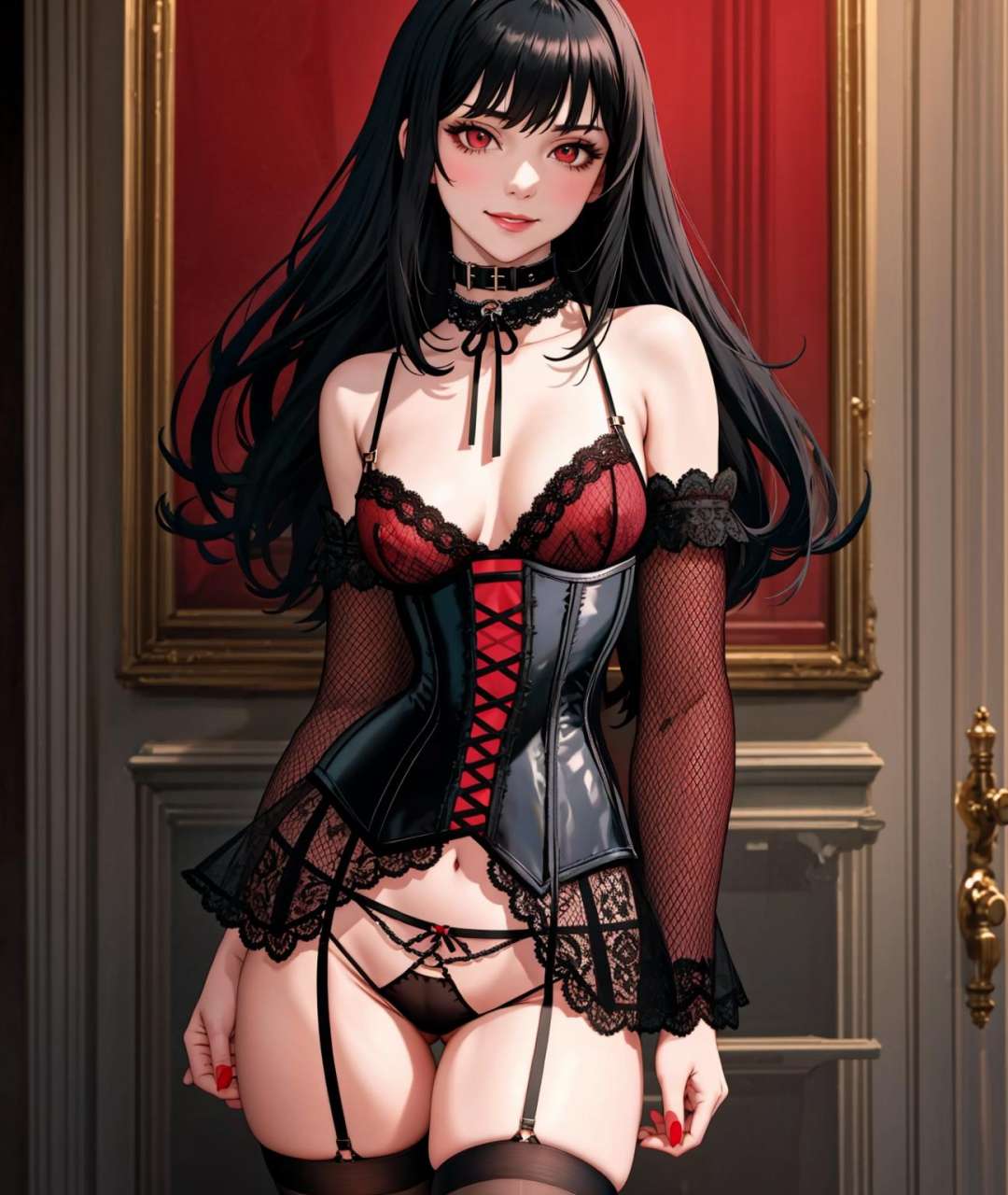 ((Masterpiece, best quality)),edgQualitysmiling,smug,edgHL,hentai_lingerie, 1girl, solo, long hair, breasts, looking at viewer, bangs, black hair, red eyes, thighhighs, long sleeves, navel, bare shoulders, closed mouth, underwear, nipples, standing, panties, sidelocks, cowboy shot, small breasts, detached sleeves, medium hair, off shoulder, collar, black panties, chain, pale skin, corset, short hair with long locks, red thighhighs, red collar, bondage outfit ,wearing edgHL<lora:edgHentai_Lingerie1:1> 