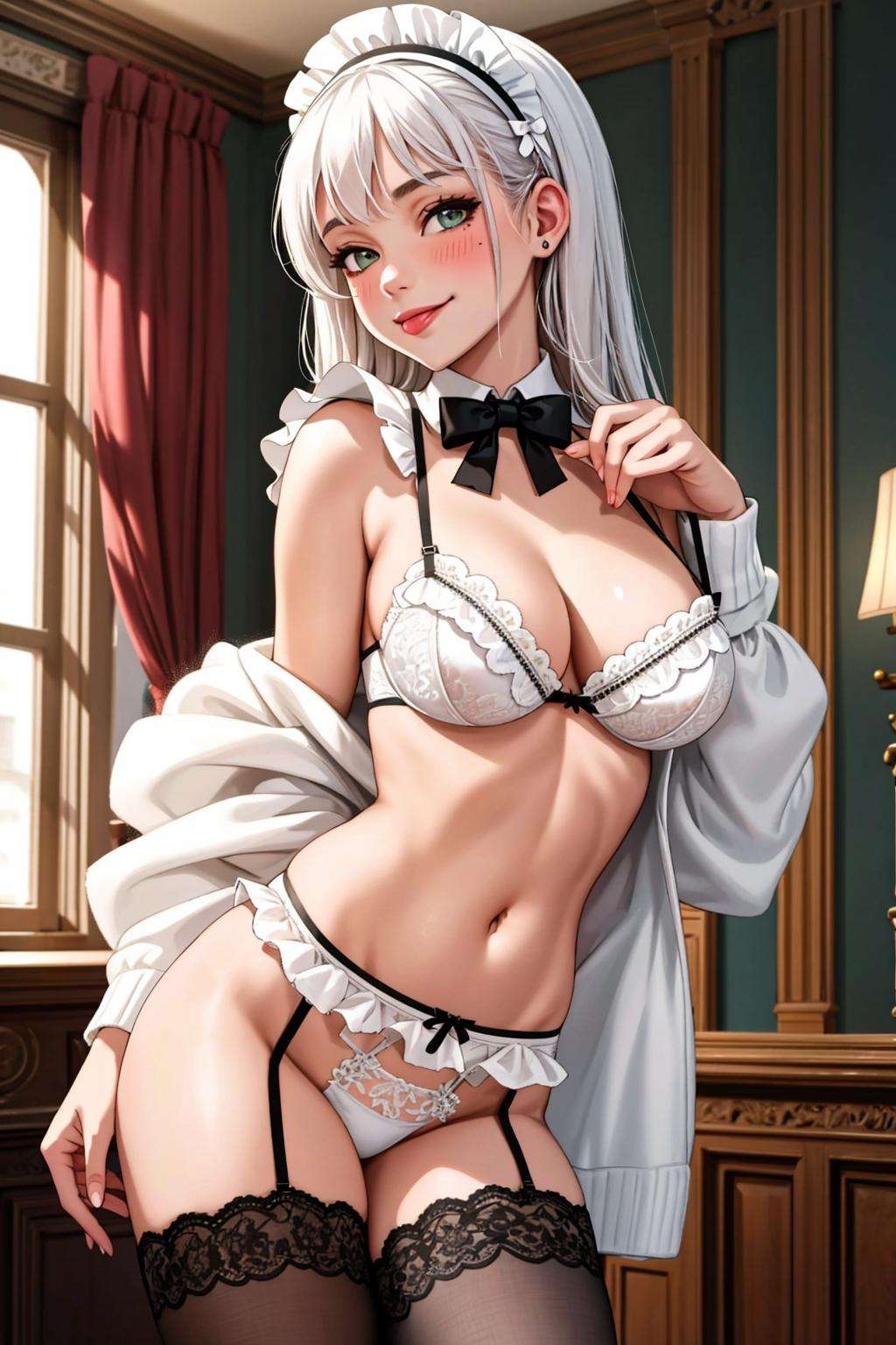 ((Masterpiece, best quality)),edgQualitysmiling,smug,edgHL,hentai_lingerie, 1girl, solo, long hair, breasts, looking at viewer, blush, smile, bangs, large breasts, thighhighs, long sleeves, bow, ribbon, navel, cleavage, bare shoulders, closed mouth, underwear, green eyes, panties, white hair, sidelocks, thighs, cowboy shot, frills, open clothes, tongue, indoors, tongue out, bowtie, off shoulder, stomach, bra, white panties, sweater, white thighhighs, maid headdress, detached collar, lingerie, lace trim, white bra, :q, mole on breast, frilled panties, frilled bra ,wearing edgHL<lora:edgHentai_Lingerie1:1> 