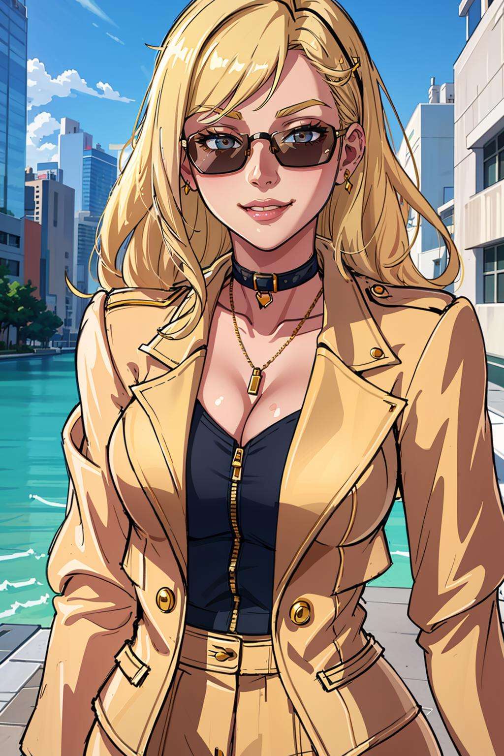 ((Masterpiece, best quality)),edgQuality,smirk,smug,edgCJ, a woman in a jacket ,wearing edgCJ,chic jacket<lora:edgChicJackets:0.86> <lora:Ultimate_Nadia:0.52>blonde nadia, sunglasses,choker