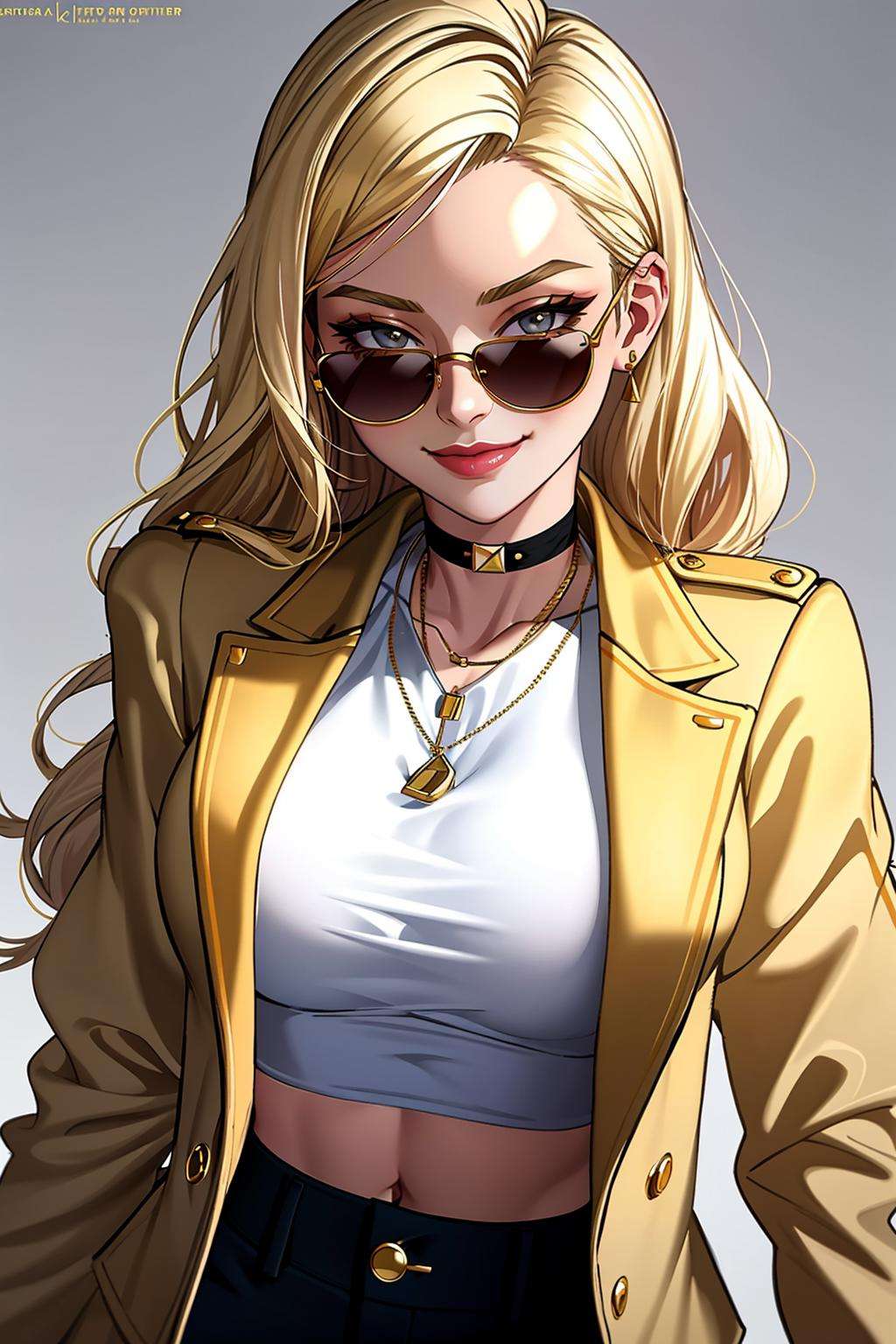 ((Masterpiece, best quality)),edgQuality,smirk,smug,edgCJ, a woman in a jacket ,wearing edgCJ,chic jacket<lora:edgChicJackets:0.86> <lora:Ultimate_Nadia:0.352>blonde nadia, sunglasses,choker