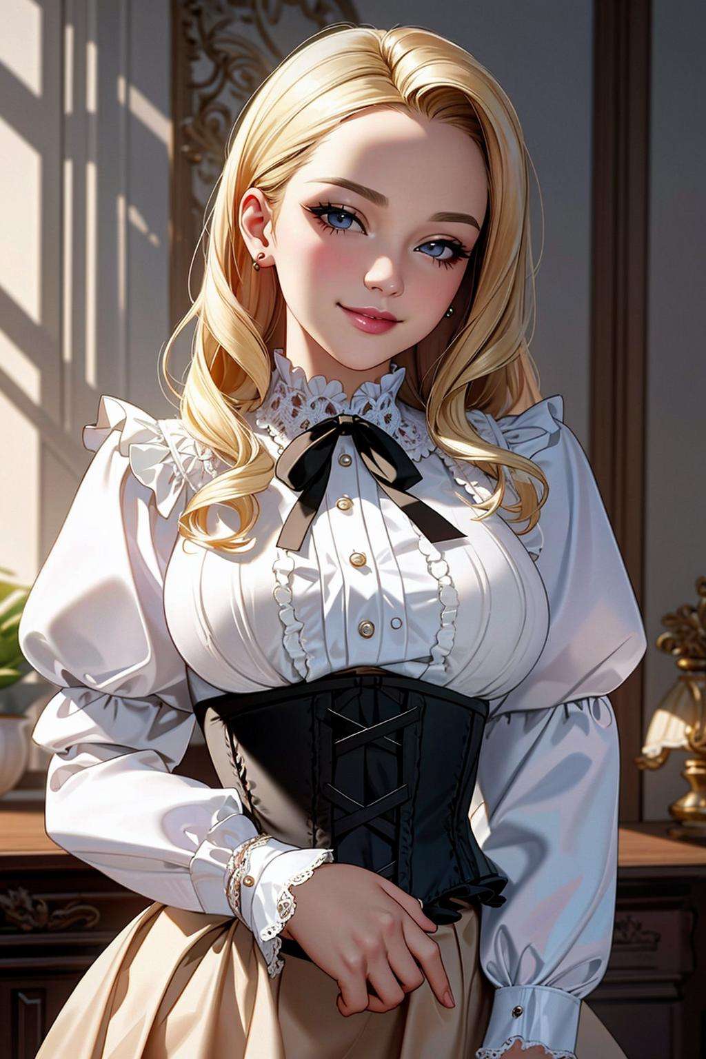 ((Masterpiece, best quality)),edgQuality,smirk,smug,beautiful blonde edgCT, a woman in a blouse, and a skirt,wearing edgCT,chic top,ribbon,puffy sleeves,frills,(corset)<lora:edgChicTops1:0.9>