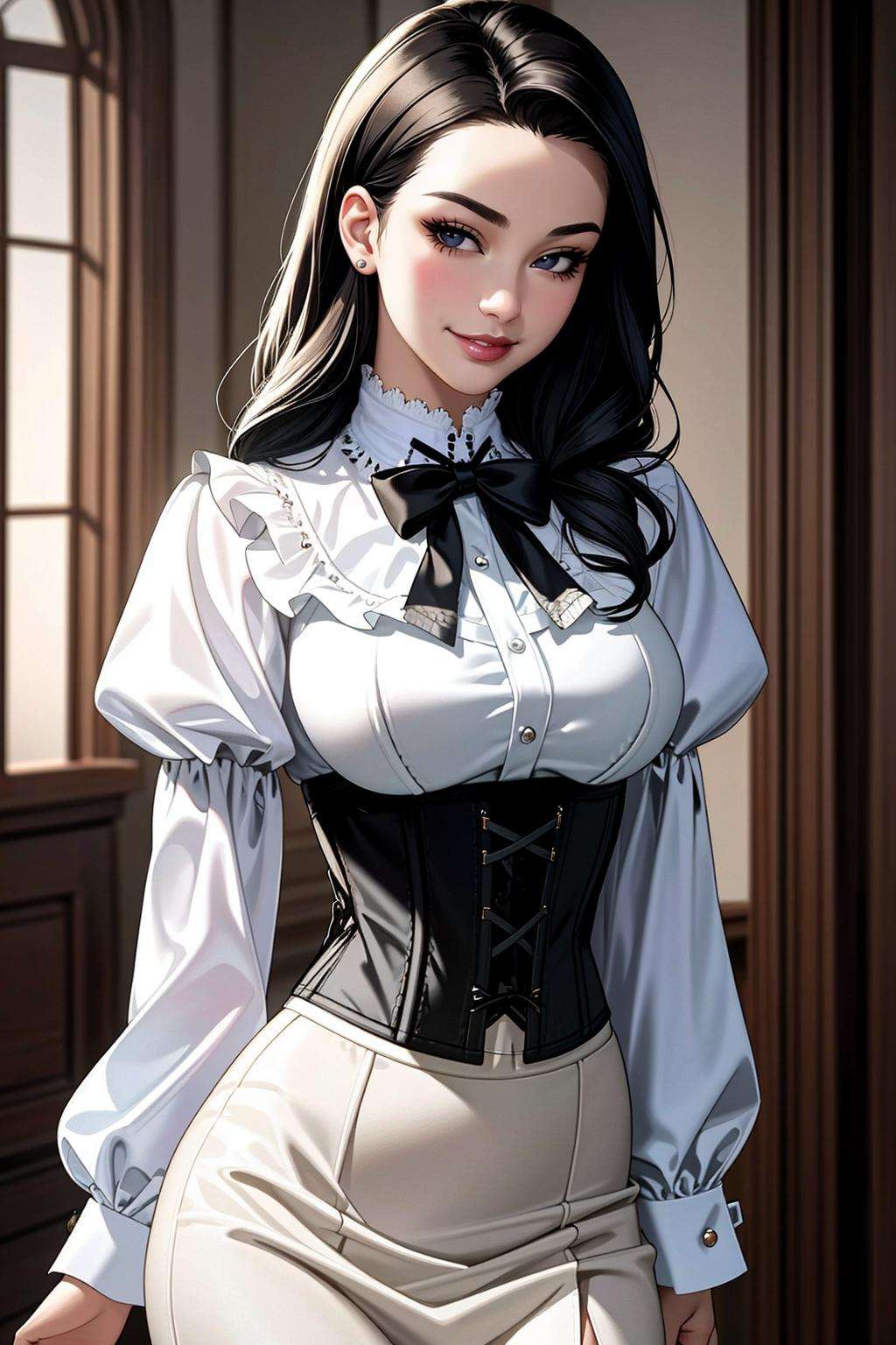 ((Masterpiece, best quality)),edgQuality,smirk,smug, looking at vieweredgCT, a woman in a blouse, and a skirt,wearing edgCT,chic top,(corset)<lora:edgChicTops1:0.85>