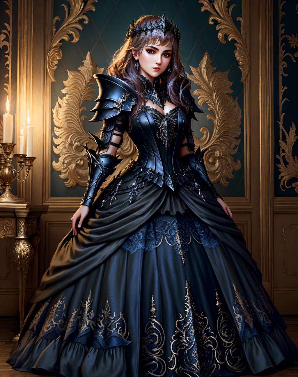 Masterpiece, absurdres,HDR, wallpaper quality ,highly detailed eyes and face, [ballgown|DRK_Glam], a woman in a dark armor gown posing for a picture , wearing  a black [ballgown|DRK_Glam], <lora:DarkGown:1>