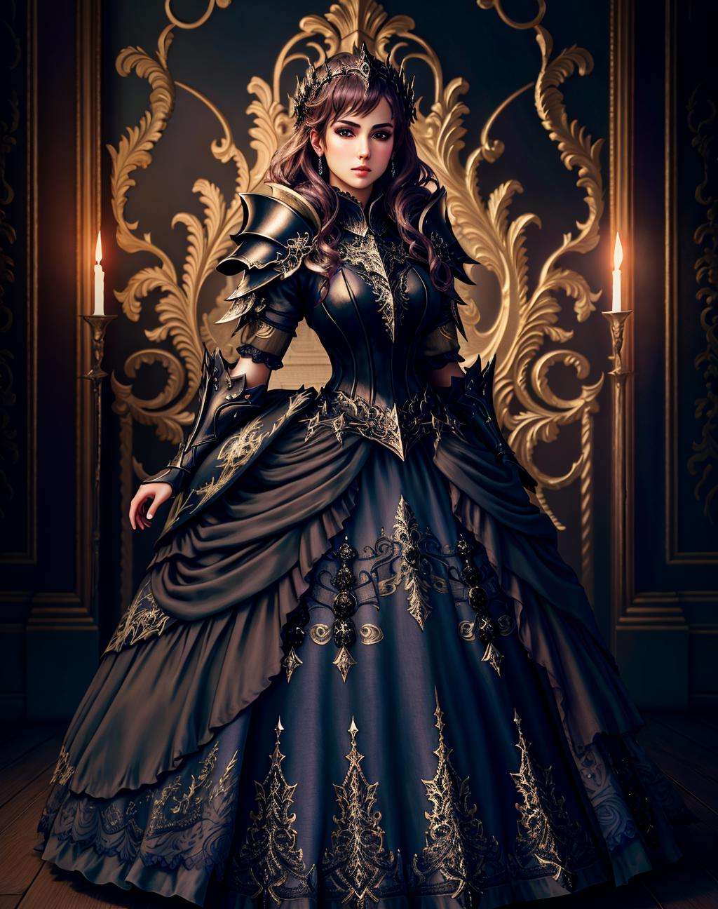 Masterpiece, absurdres,HDR, wallpaper quality ,highly detailed eyes and face, [ballgown|DRK_Glam], a woman in a dark armor gown posing for a picture , wearing  a black [ballgown|DRK_Glam], <lora:DarkGown:1>